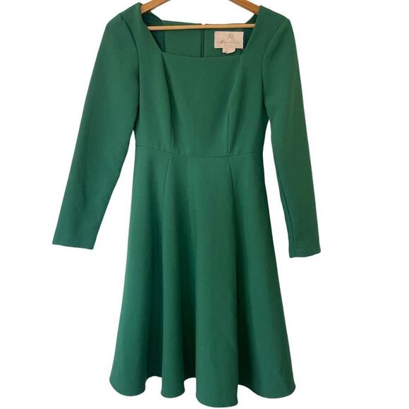 Gal Meets Glam Green Holly Square Neck Long Sleeve Fit & Flare Dress • Size 2 ⬇️ - Picture 2 of 3